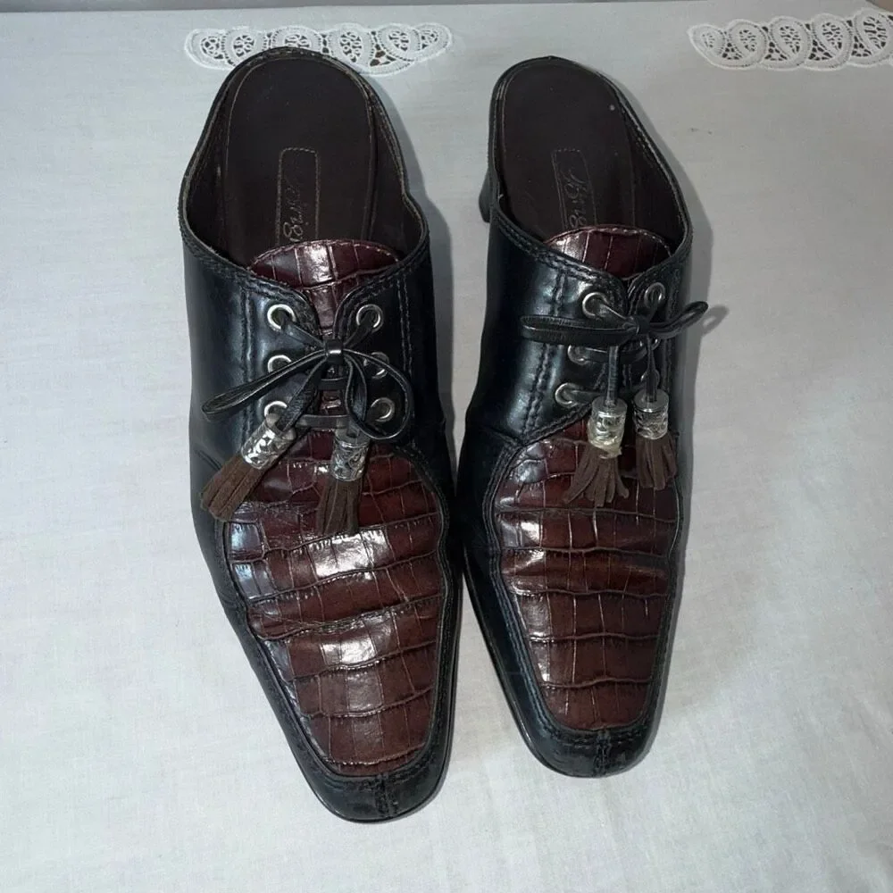 Vintage Brighton Tassle Mules‎ 8.5M Croc Embossed Black Brown Leather Heels Boho